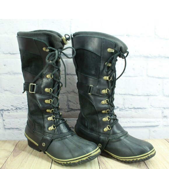 Sorel Conquest Carly Black Suede Lace Up Waterproof Tall Winter Boots Size 9.5 - Picture 3 of 10